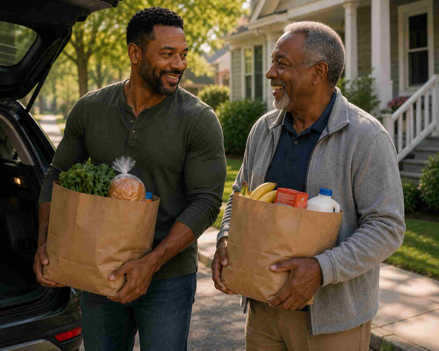 A man helping an elderly African American neighbor carry groceries from a vehicle