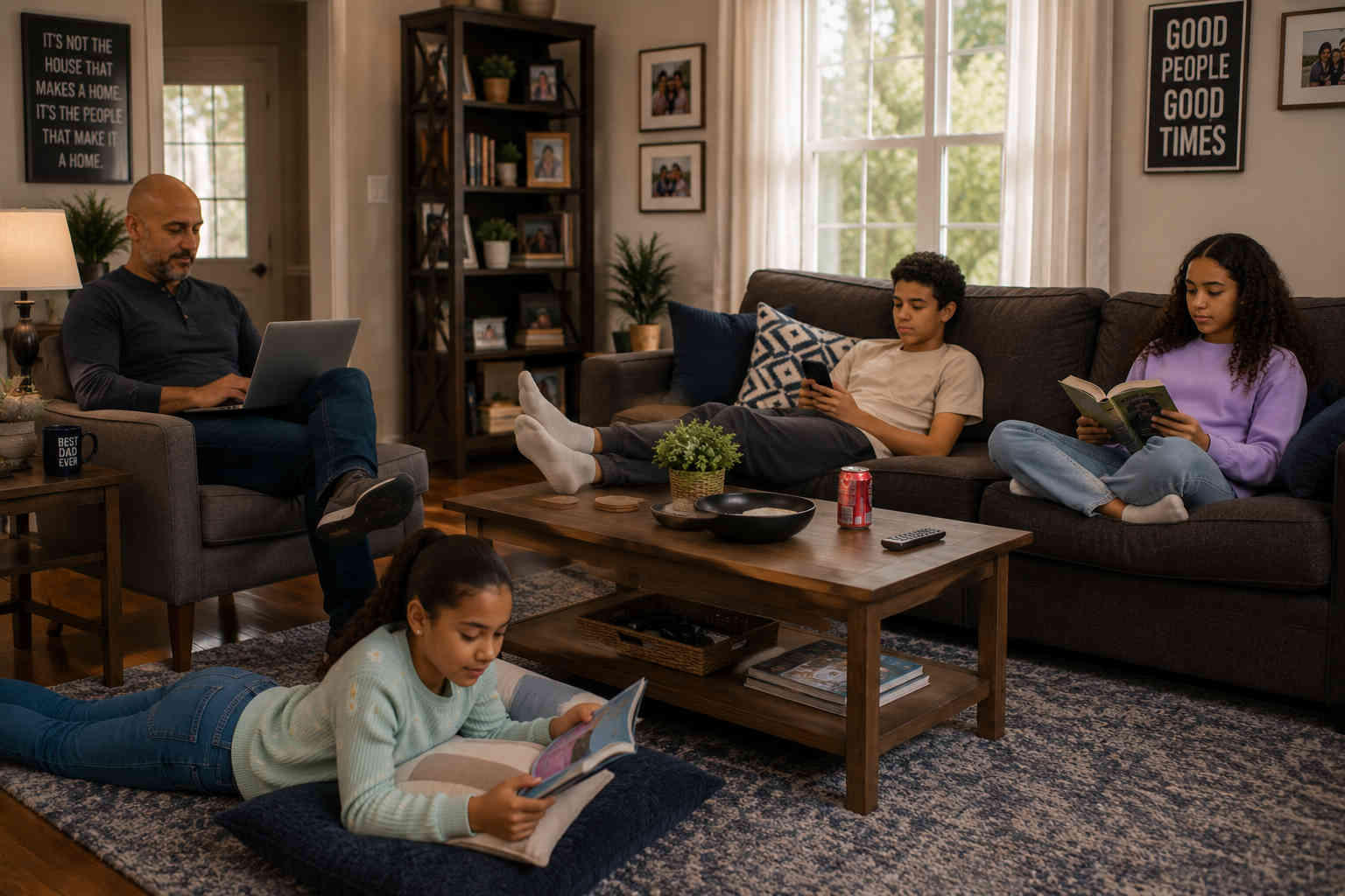 Father using his laptop while his son relaxes on the couch with his phone, his teenage daughter reads, and his younger daughter reads nearby on the floor