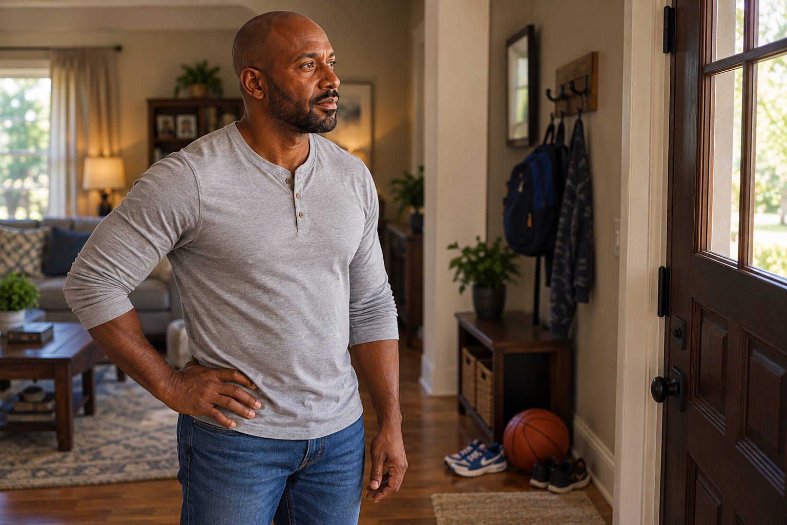 Father standing in a quiet home after his children have left for the weekend