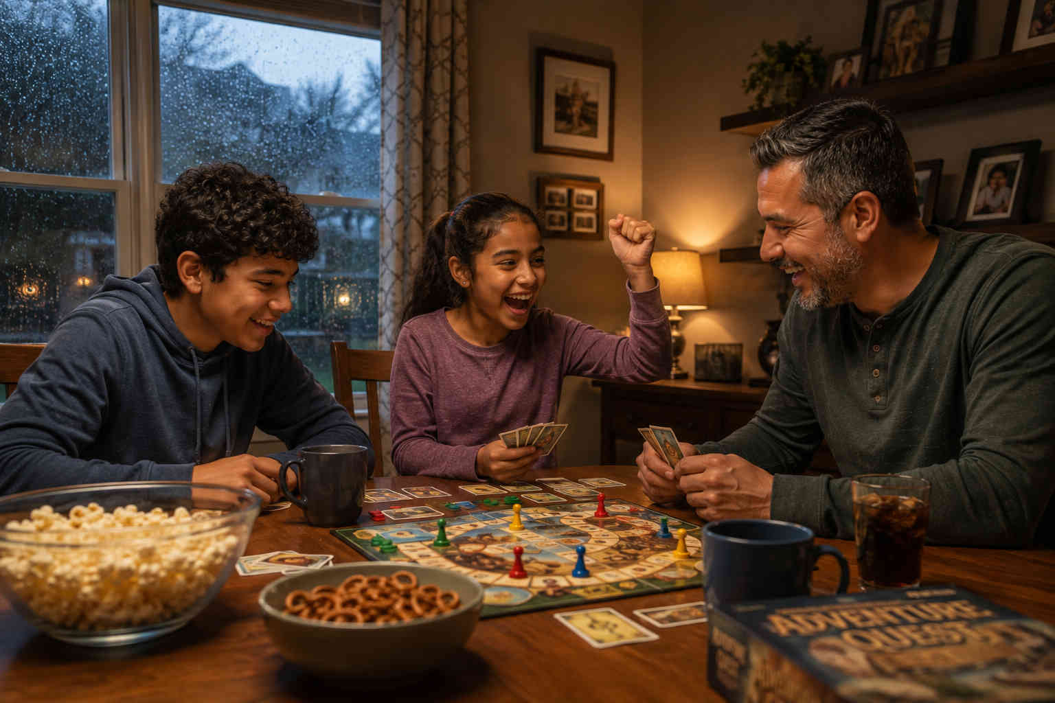 Father and his children laughing together over a board game on a rainy Saturday evening