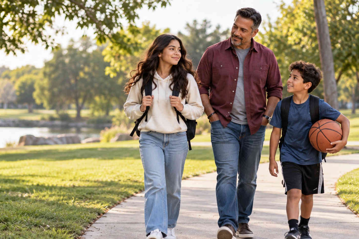 A father walks with his daughter and son, encouraging confidence, responsibility, and healthy independence