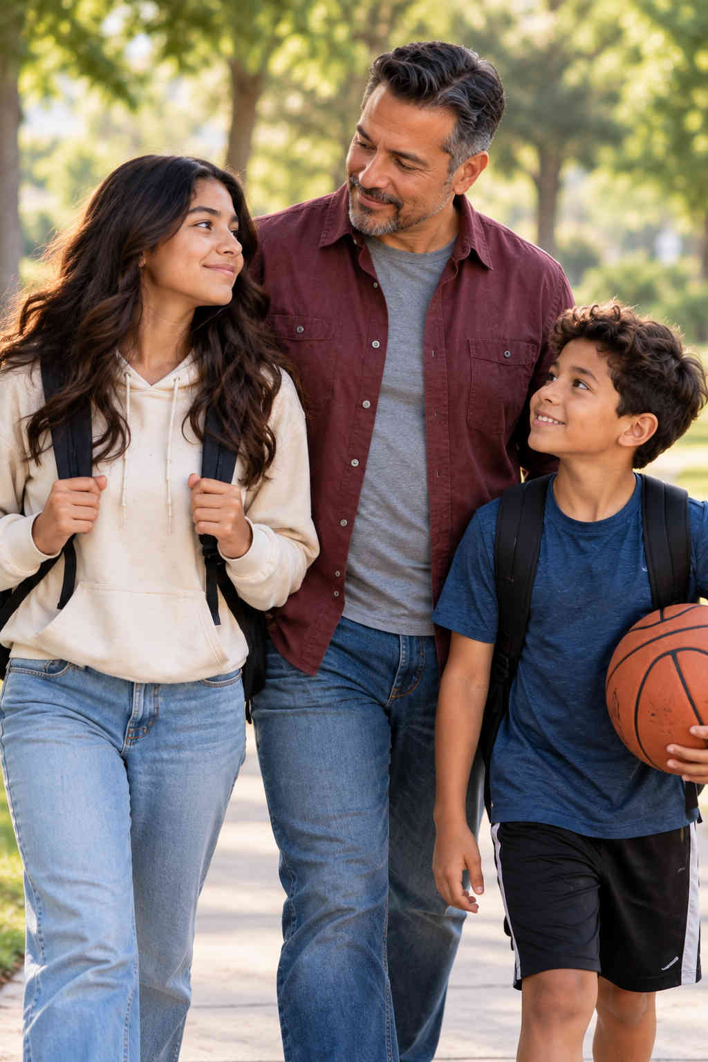 Latino father walking with his daughter and son