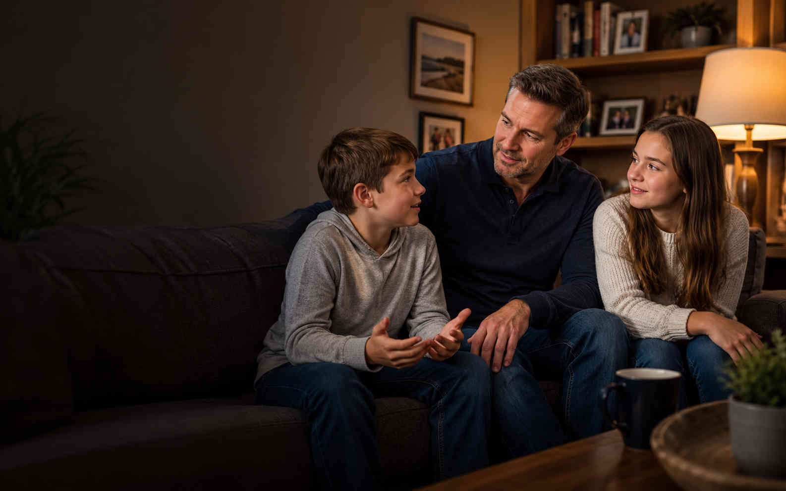 Father listening attentively as his son talks while his teenage daughter sits beside them in a warm family living room