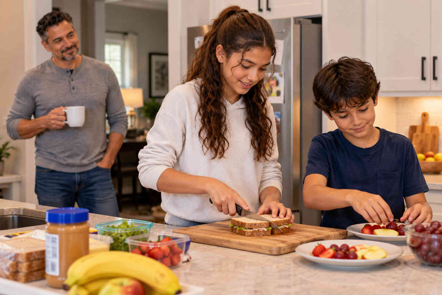 Brother and sister preparing their own lunch while their father watches quietly from the background