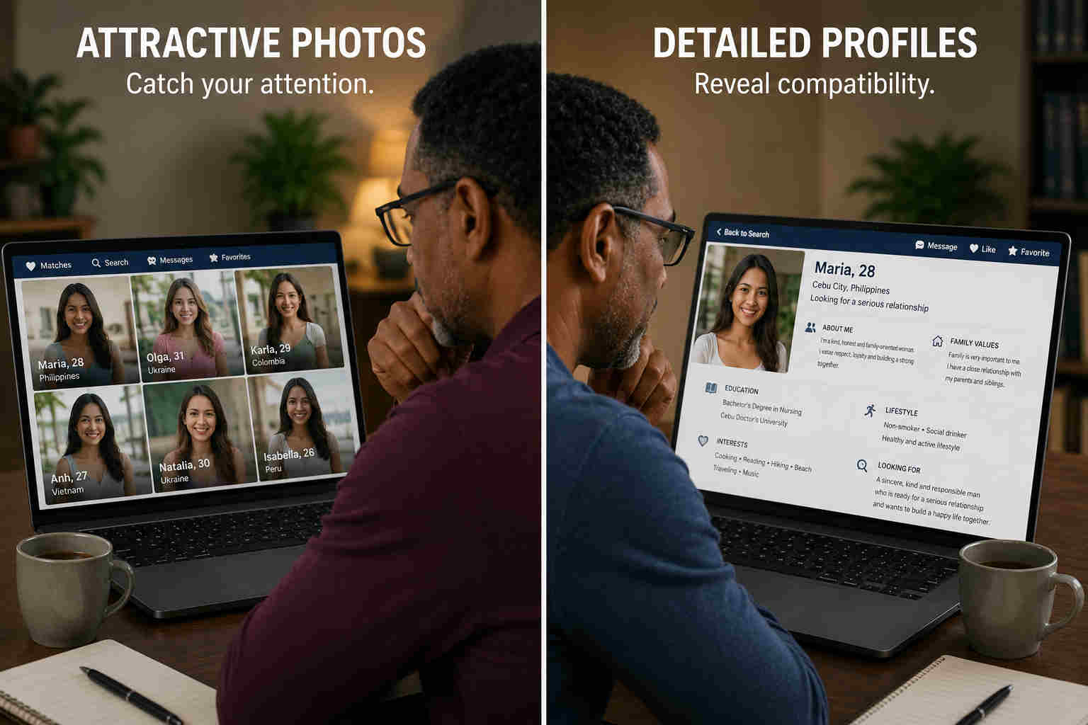 Split-screen image showing attractive profile photos compared with a detailed dating profile