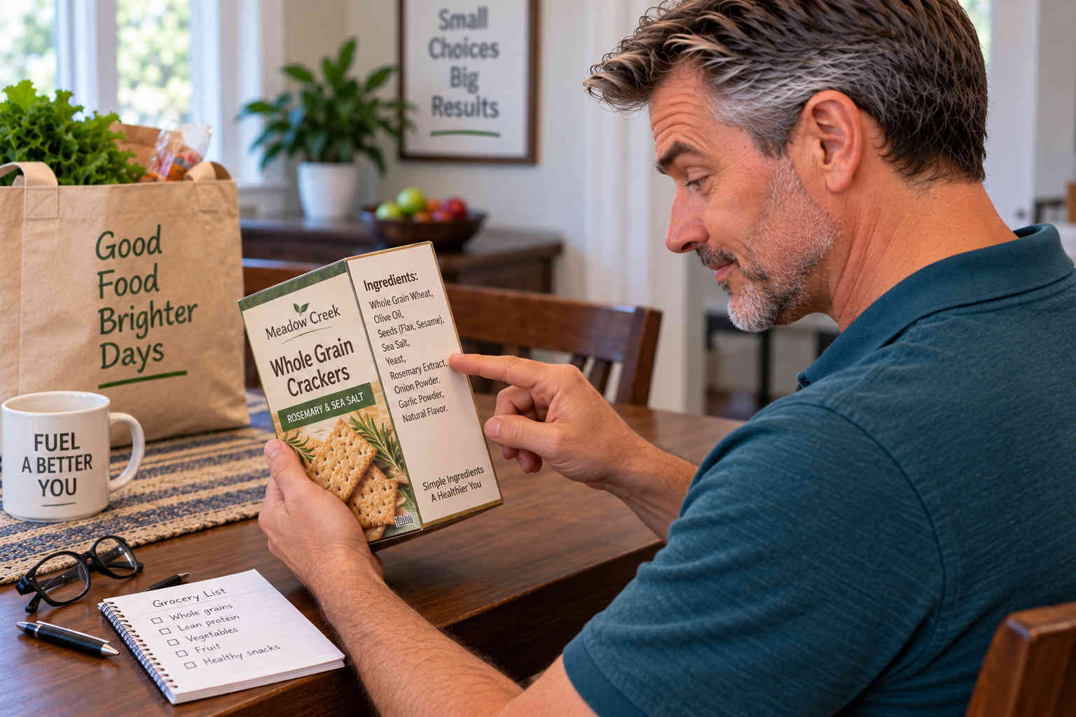 Man reading the ingredient list on a box of generic whole grain crackers at his dining table