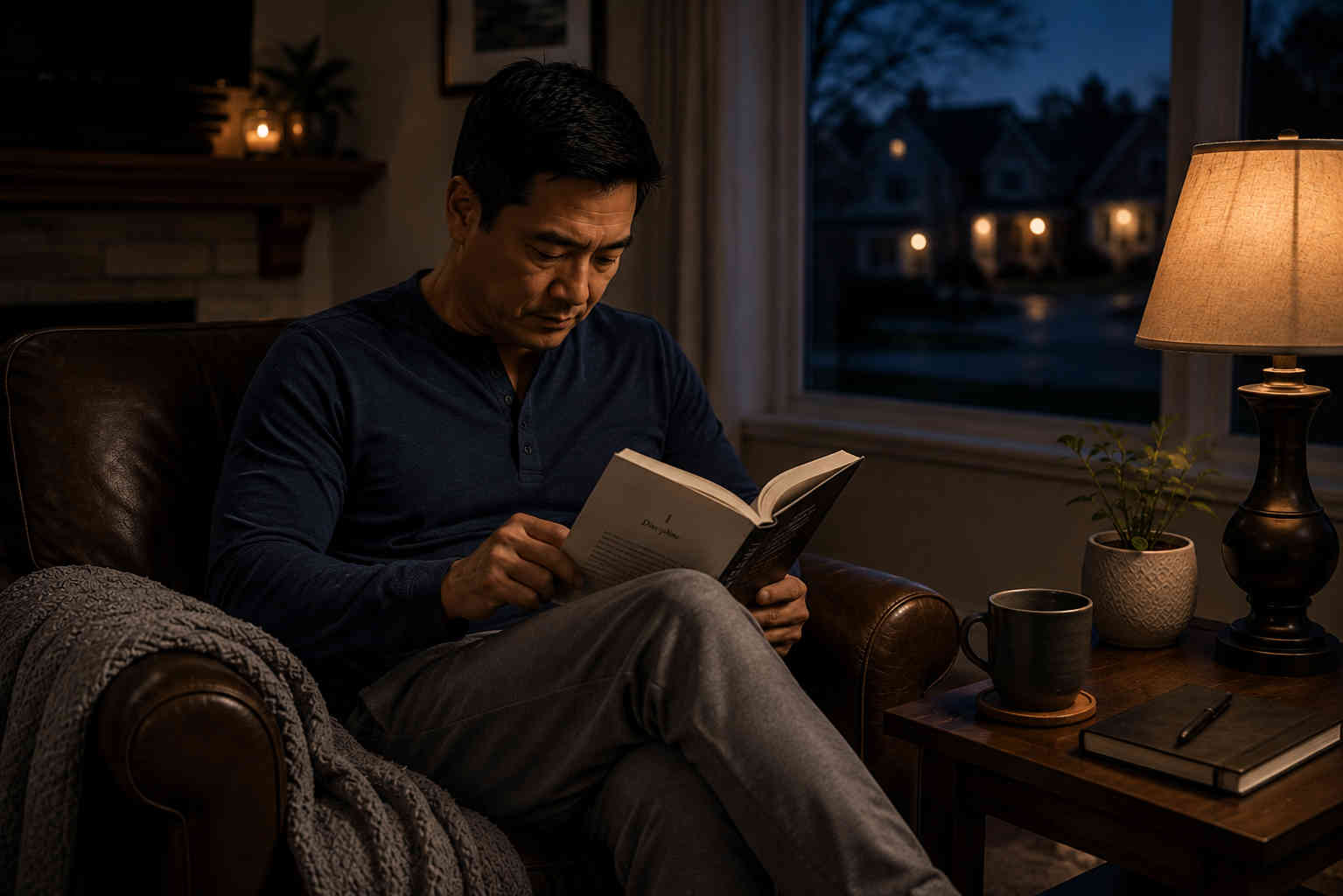 Man calmly reading one page of a book in a comfortable chair during the evening