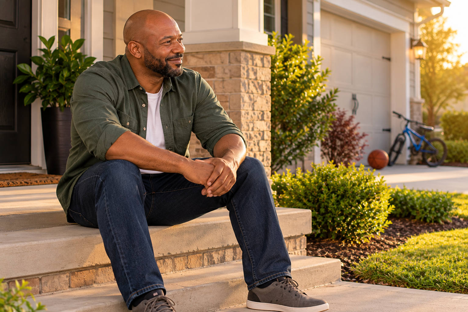 Father sitting calmly on his front steps waiting for his children to return