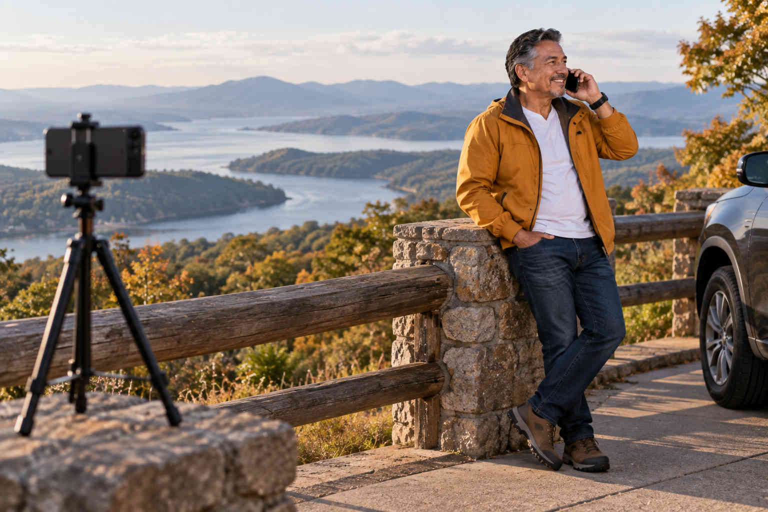 Divorced man smiling during a phone conversation while stopped at a scenic overlook