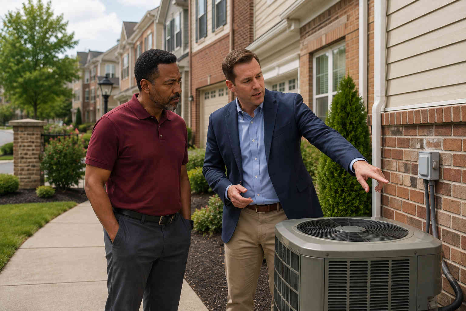 Man and real estate professional inspecting an outdoor HVAC unit while discussing the hidden costs of a townhouse