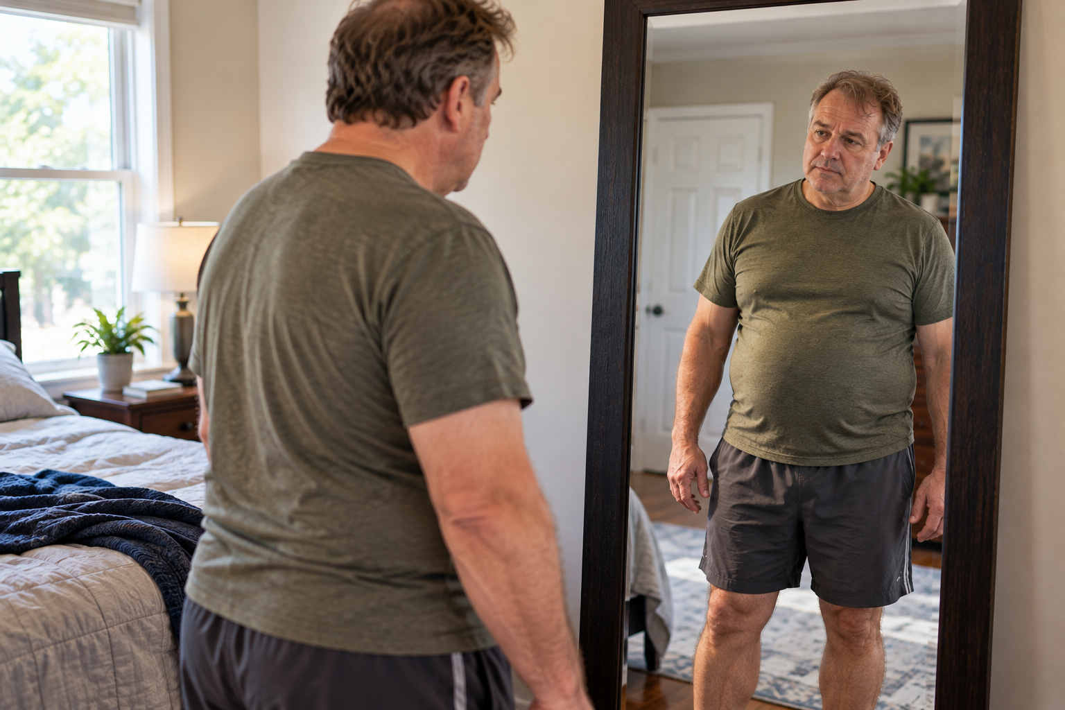 Overweight man in his fifties assessing his body in a bedroom mirror