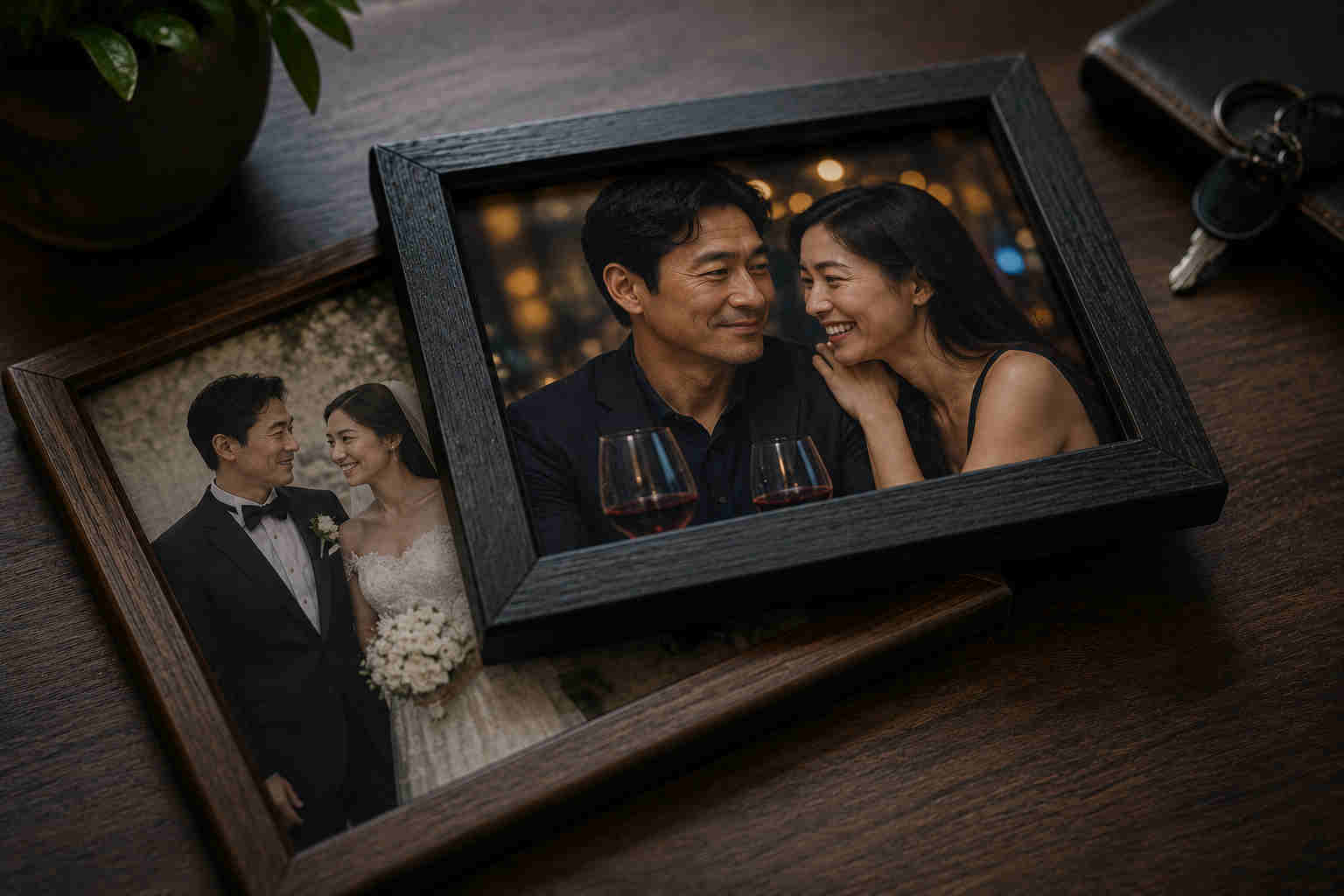 Stacked framed photos showing a new dating relationship placed on top of an older wedding photo