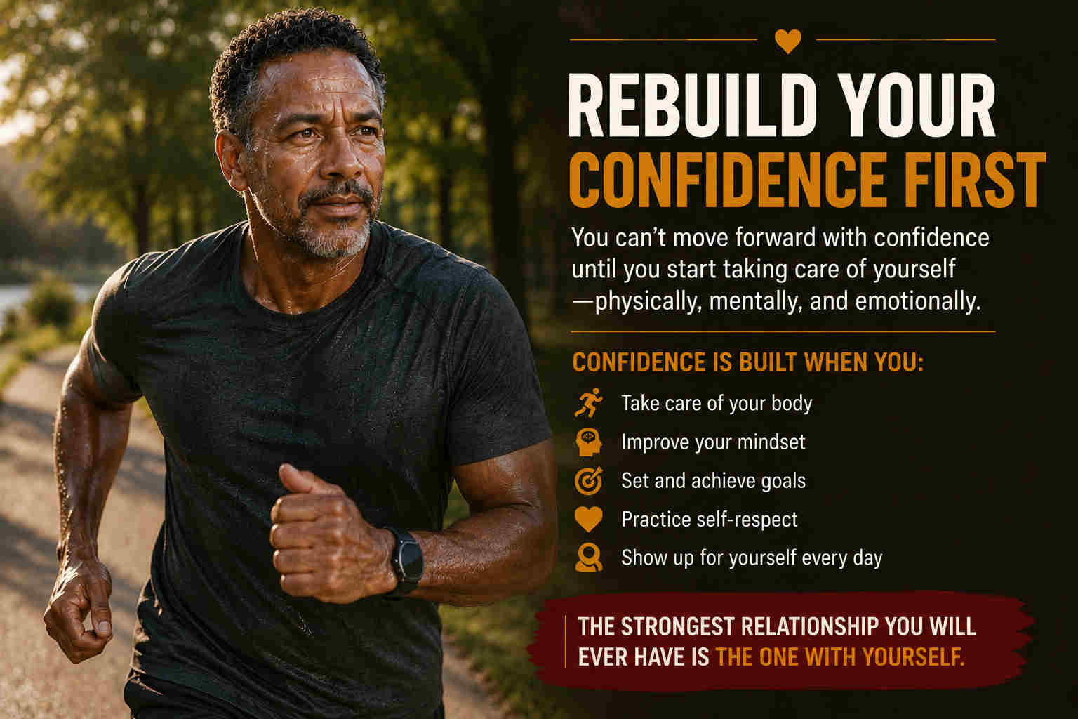 Divorced man jogging in a park to rebuild confidence before dating again