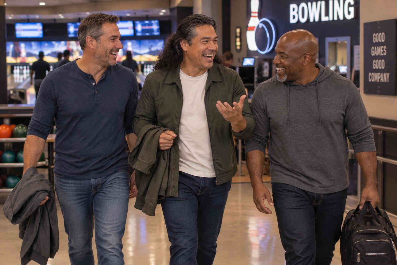 Man leaving a bowling alley laughing with two friends after rebuilding his social life