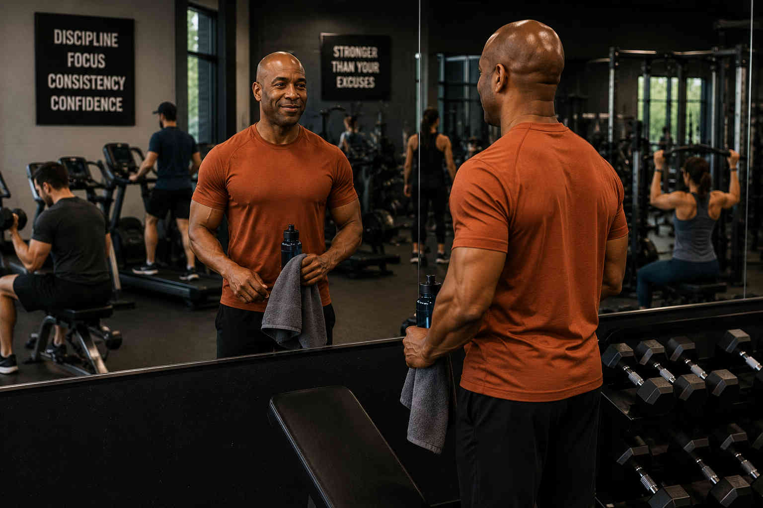 Man finishing a gym workout and smiling at his reflection in the mirror while holding a towel and water bottle