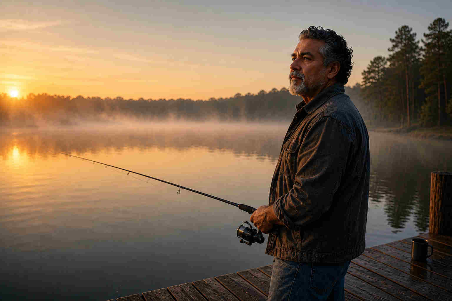 Middle-aged Hispanic man fishing alone at sunrise on a peaceful lake after divorce