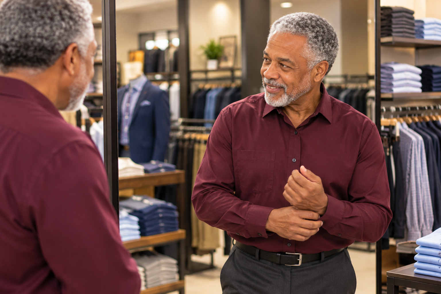 Mature man adjusting his shirt in a clothing store mirror