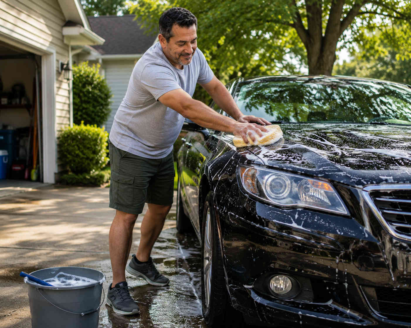 Middle-aged man washing his car in the driveway as a practical way to rebuild everyday movement after divorce