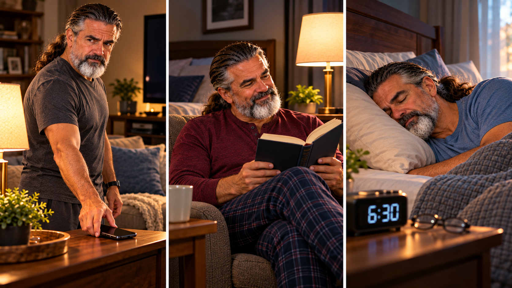 Man rebuilding a consistent and restful bedtime routine
