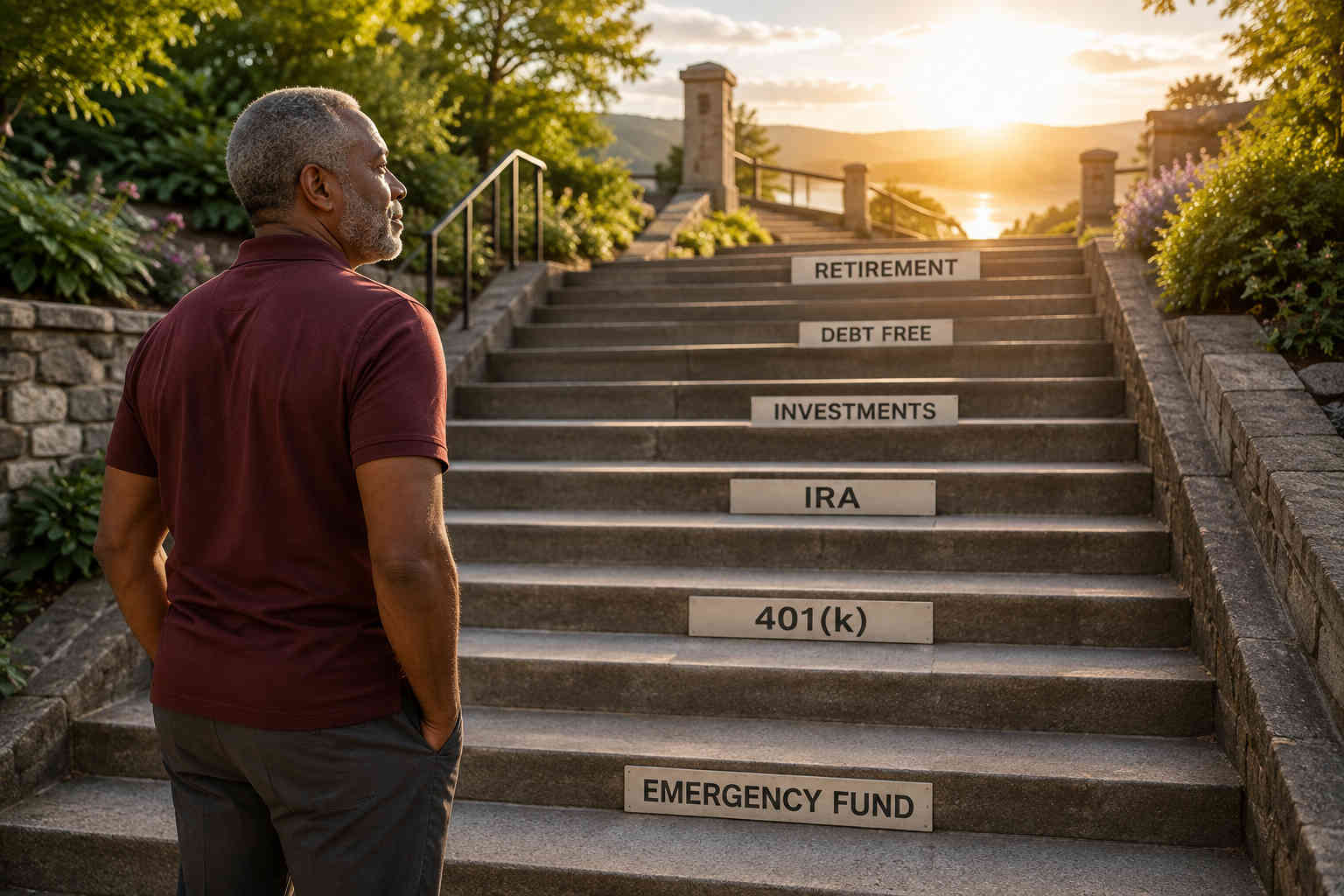 African American man looking up a staircase marked with emergency fund, 401(k), IRA, investments, debt free, and retirement milestones