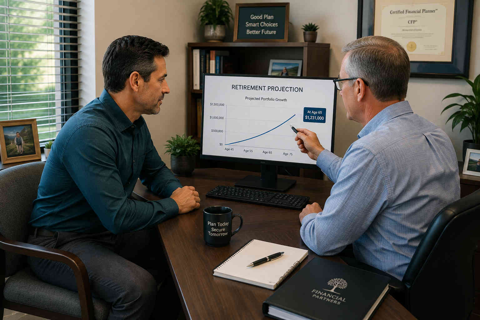 Man meeting with a financial adviser and reviewing a retirement savings projection after divorce