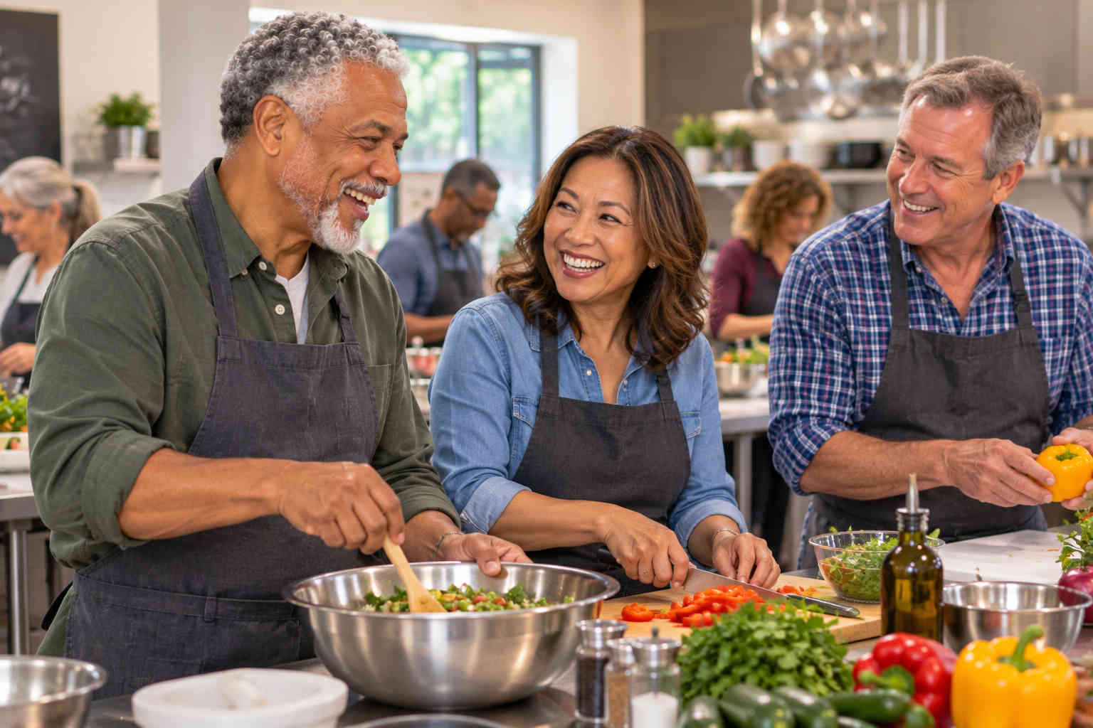 Man and woman smiling during a group cooking class