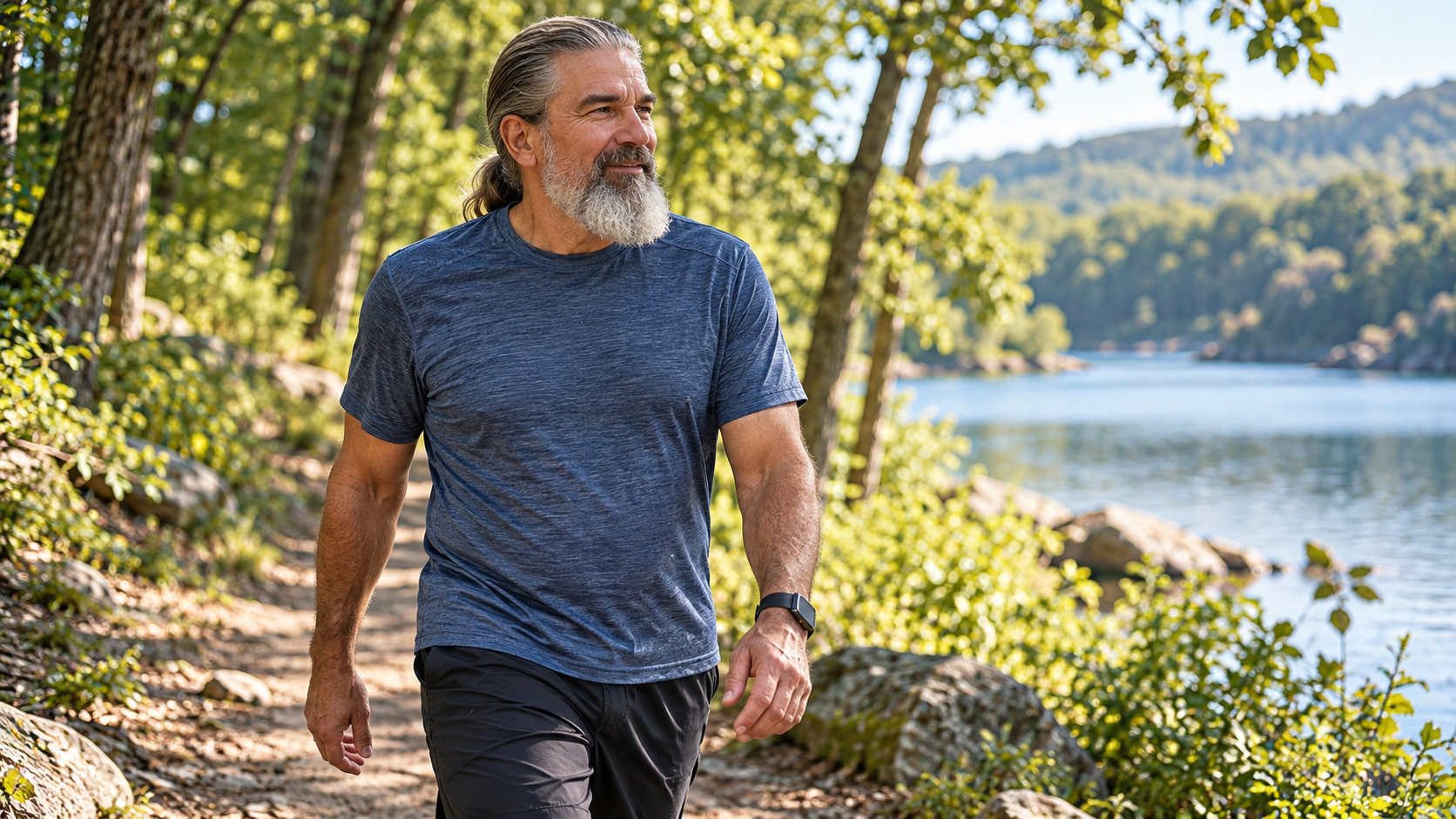 A gray-haired bearded man with a ponytail walks beside a peaceful lake