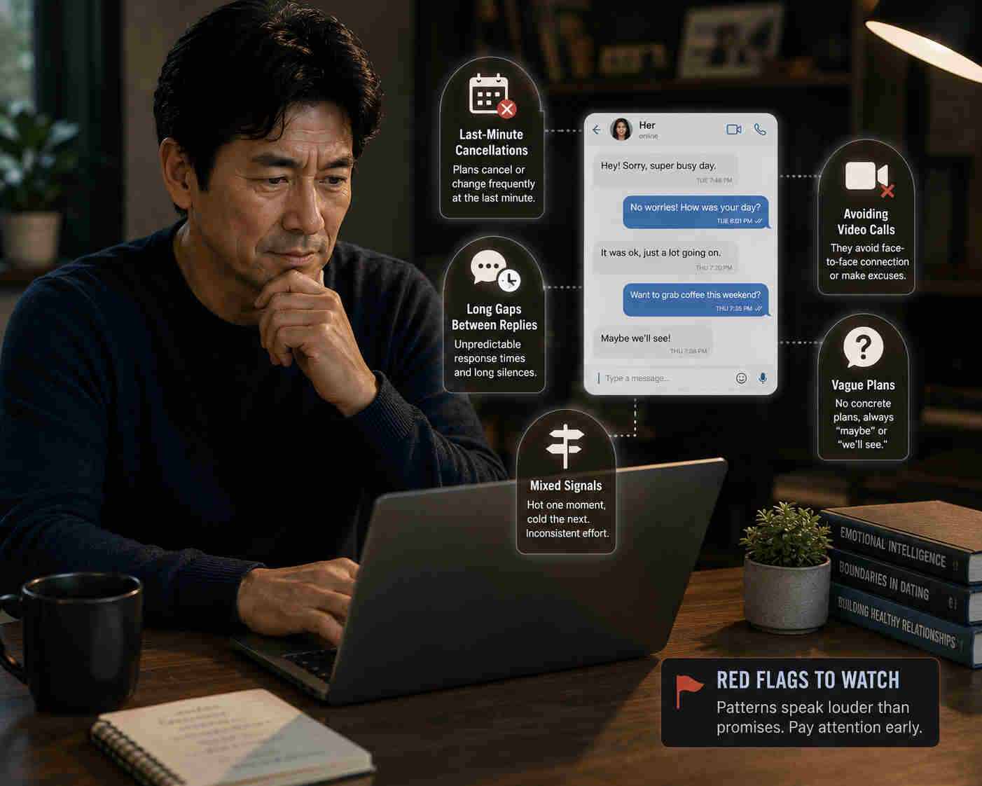 Asian man reviewing online dating red flags on a laptop before a conversation turns into ghosting