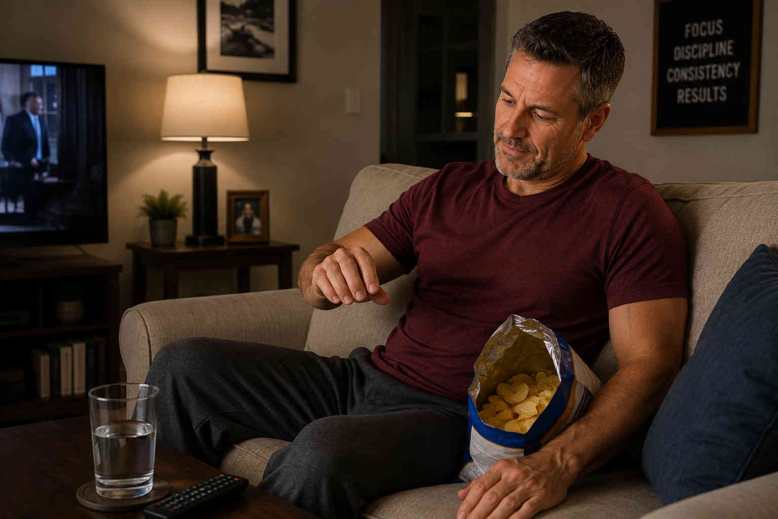 Man pausing before eating chips during a quiet night at home as he recognizes a late-night snacking habit