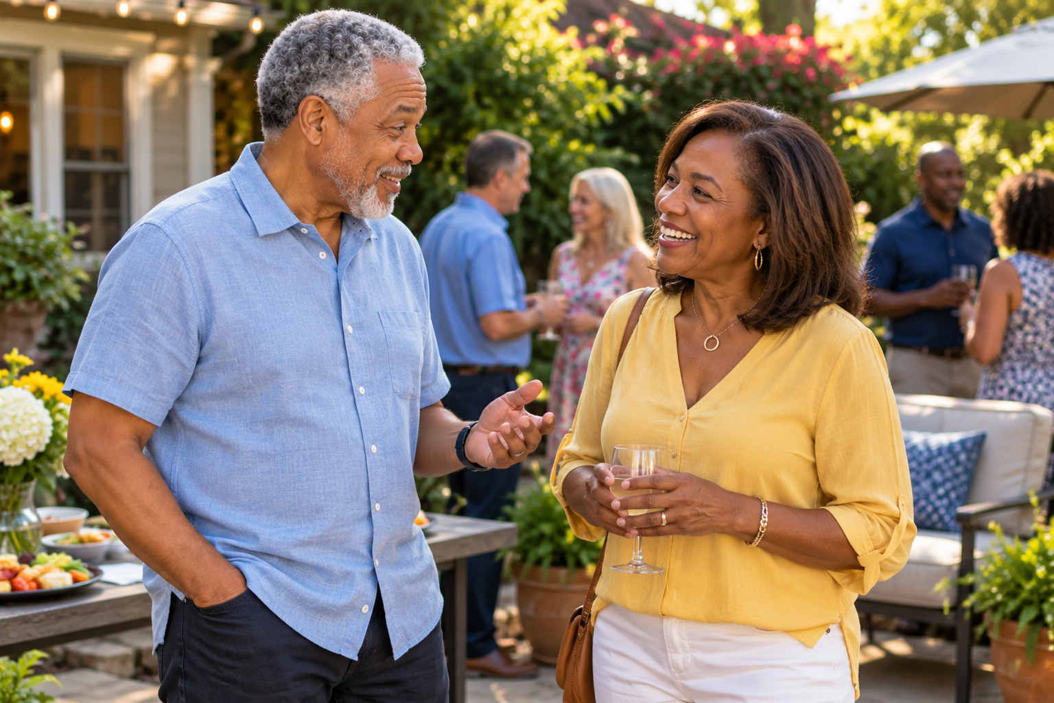 Mature man and woman enjoying a friendly conversation at an outdoor gathering