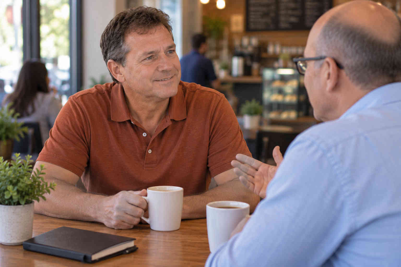 Man reconnecting with a professional contact over coffee after divorce