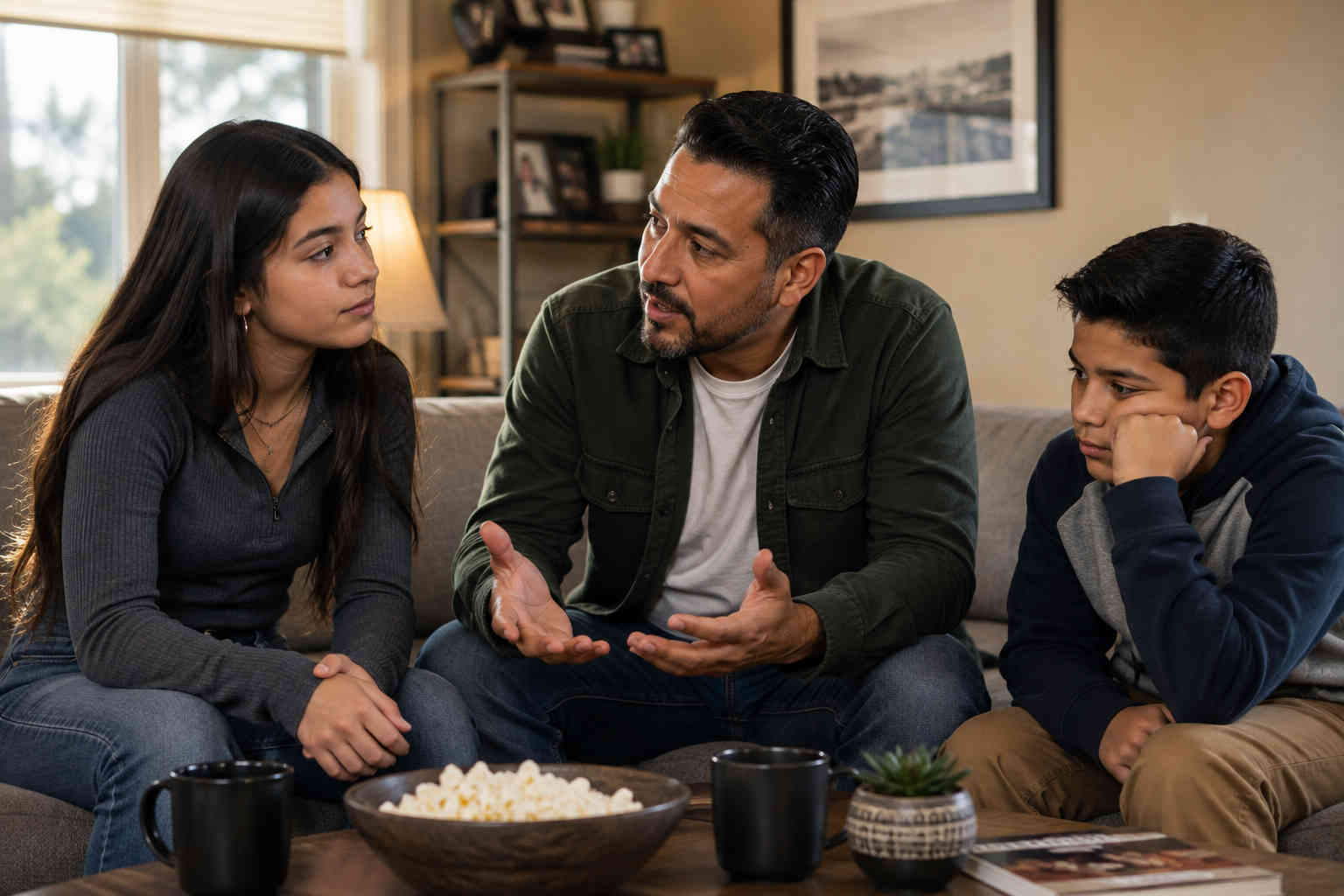 A Hispanic father in his 40s has a caring conversation with his older daughter and younger son at home as they work on reconnecting after divorce