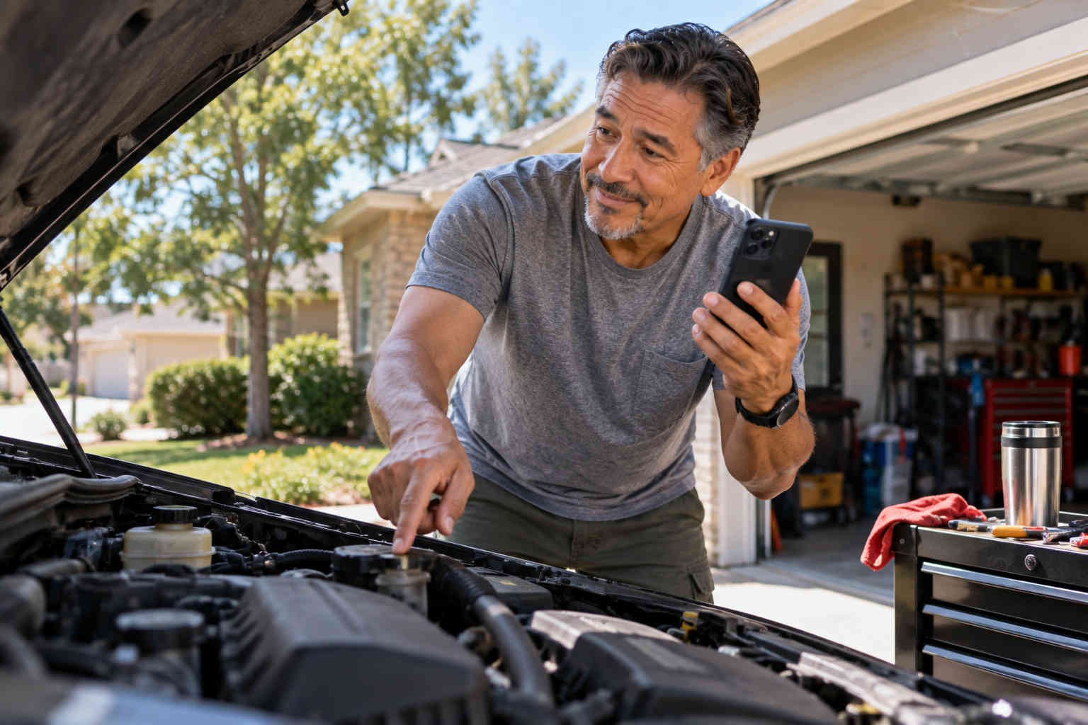 Divorced man video calling a friend for advice while looking under the hood of his car