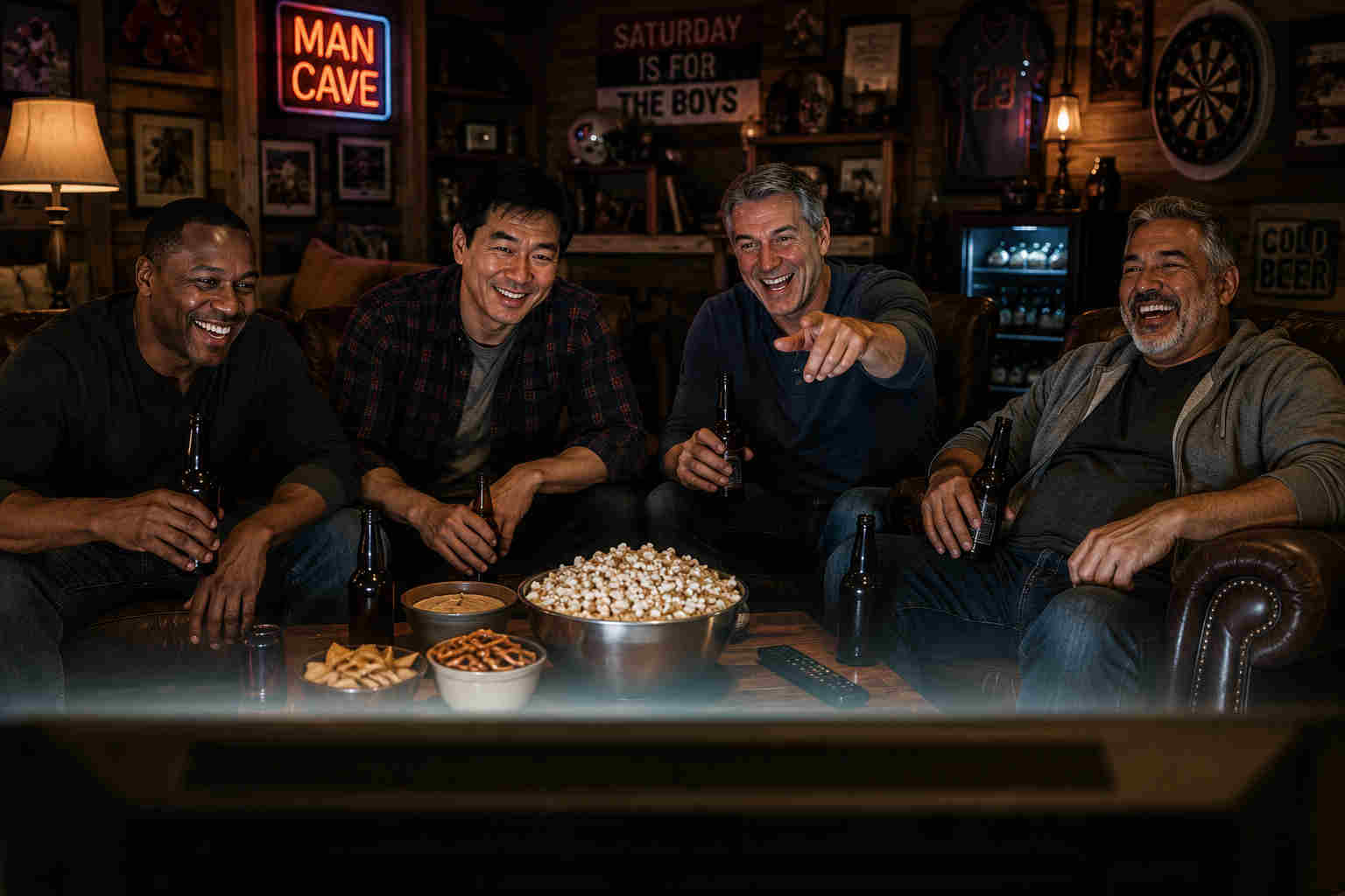 Asian man laughing with three friends in a man cave while watching television