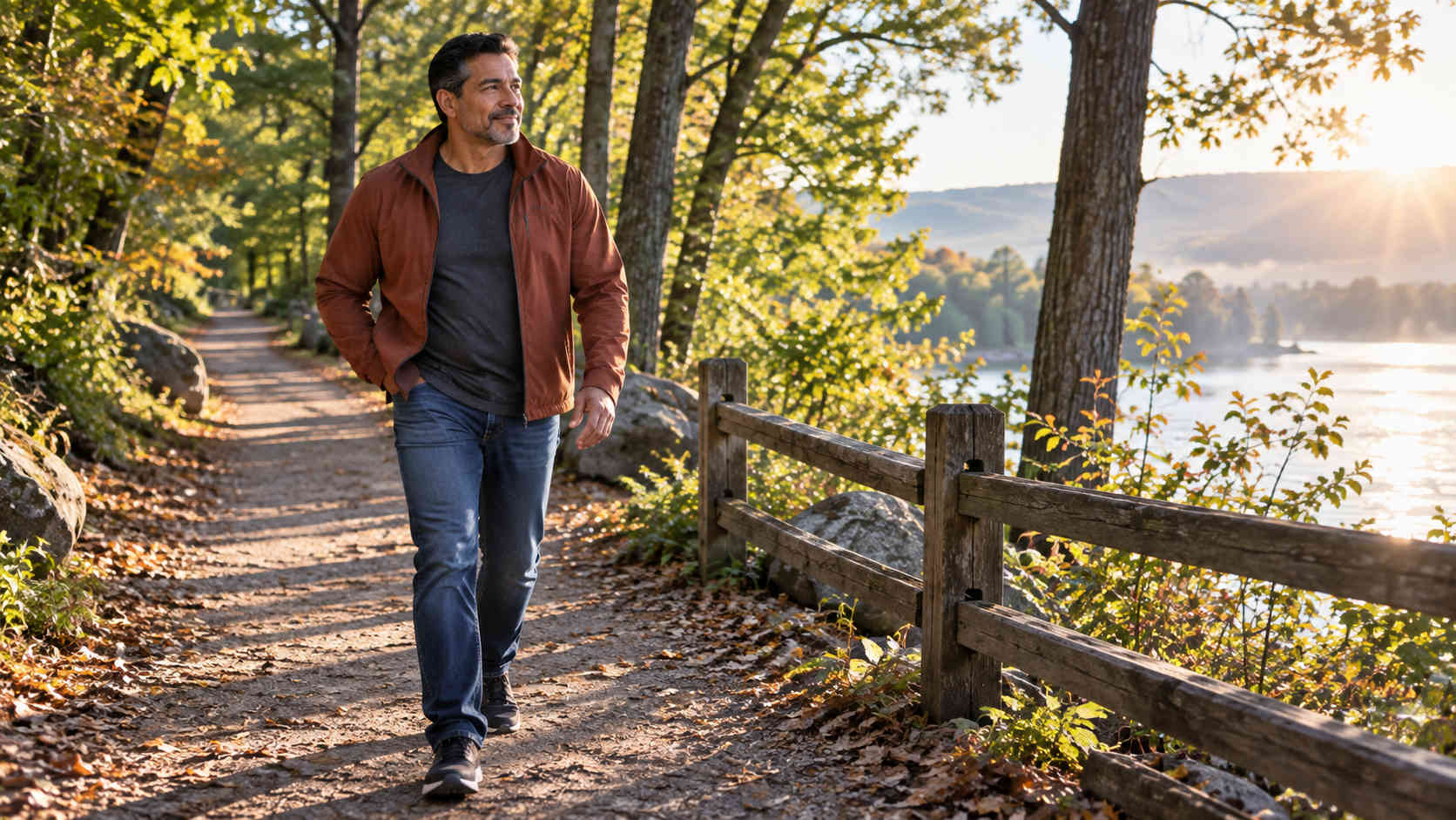 Man walking along a quiet lakeside trail as he moves forward after divorce