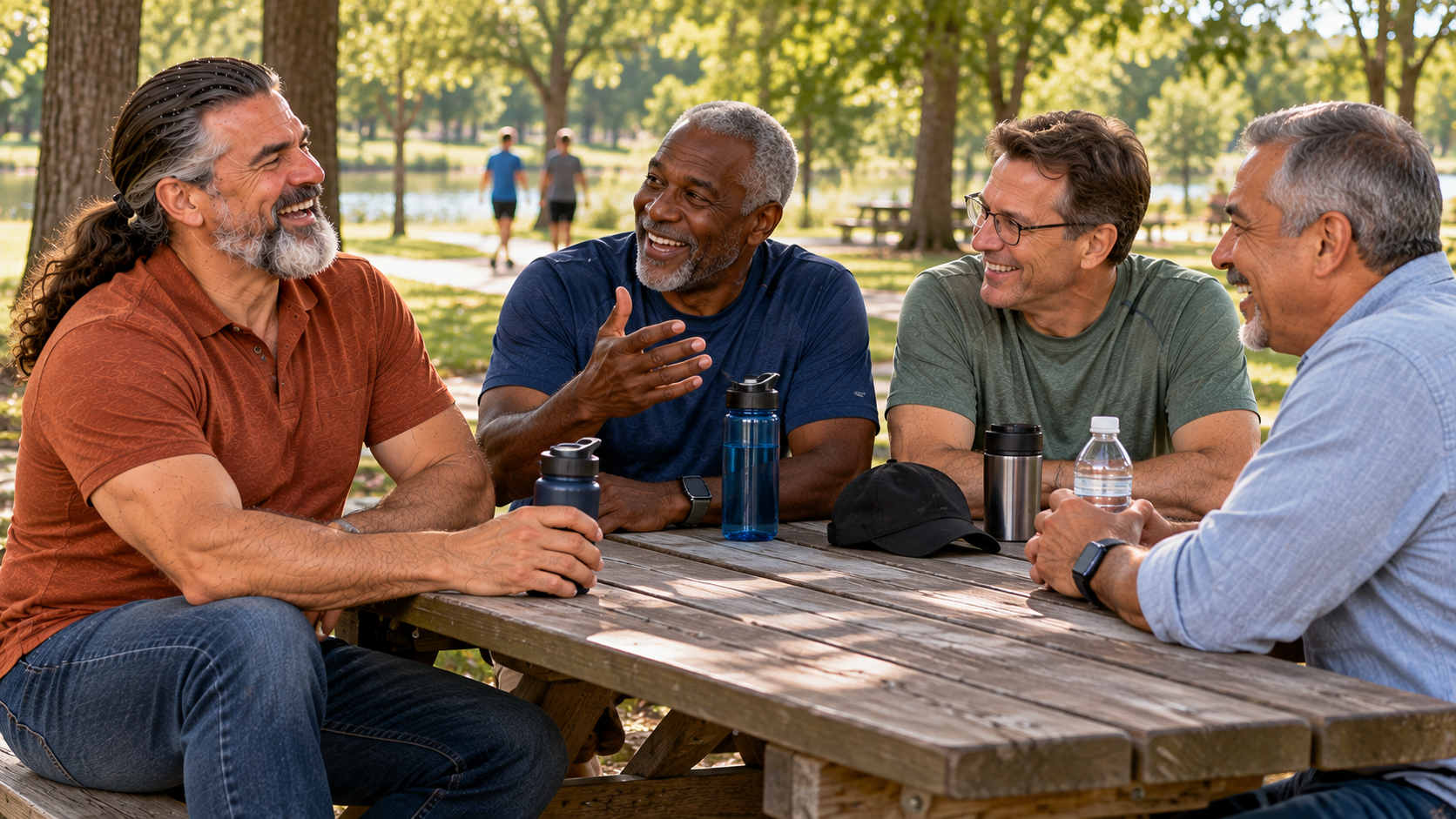 Friends reconnecting and sharing conversation outdoors