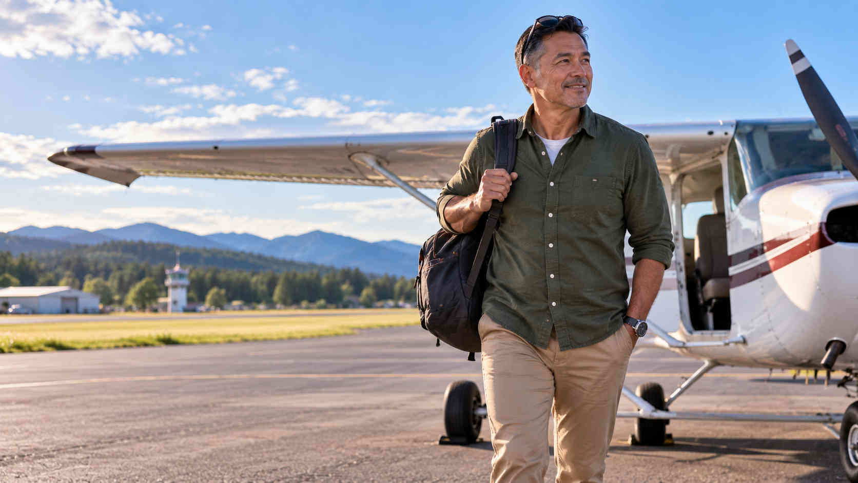 Man beginning a new adventure beside a small airplane