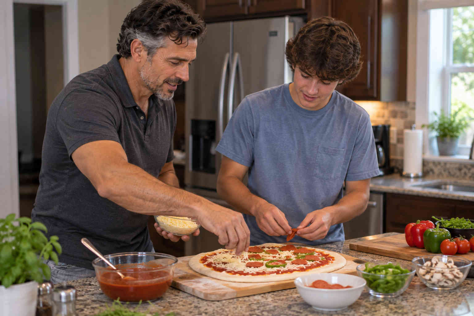Father and teenage son preparing homemade pizza together in the kitchen