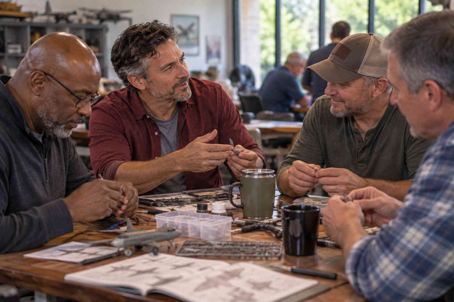 Man talking with other men while working together on a shared hobby project