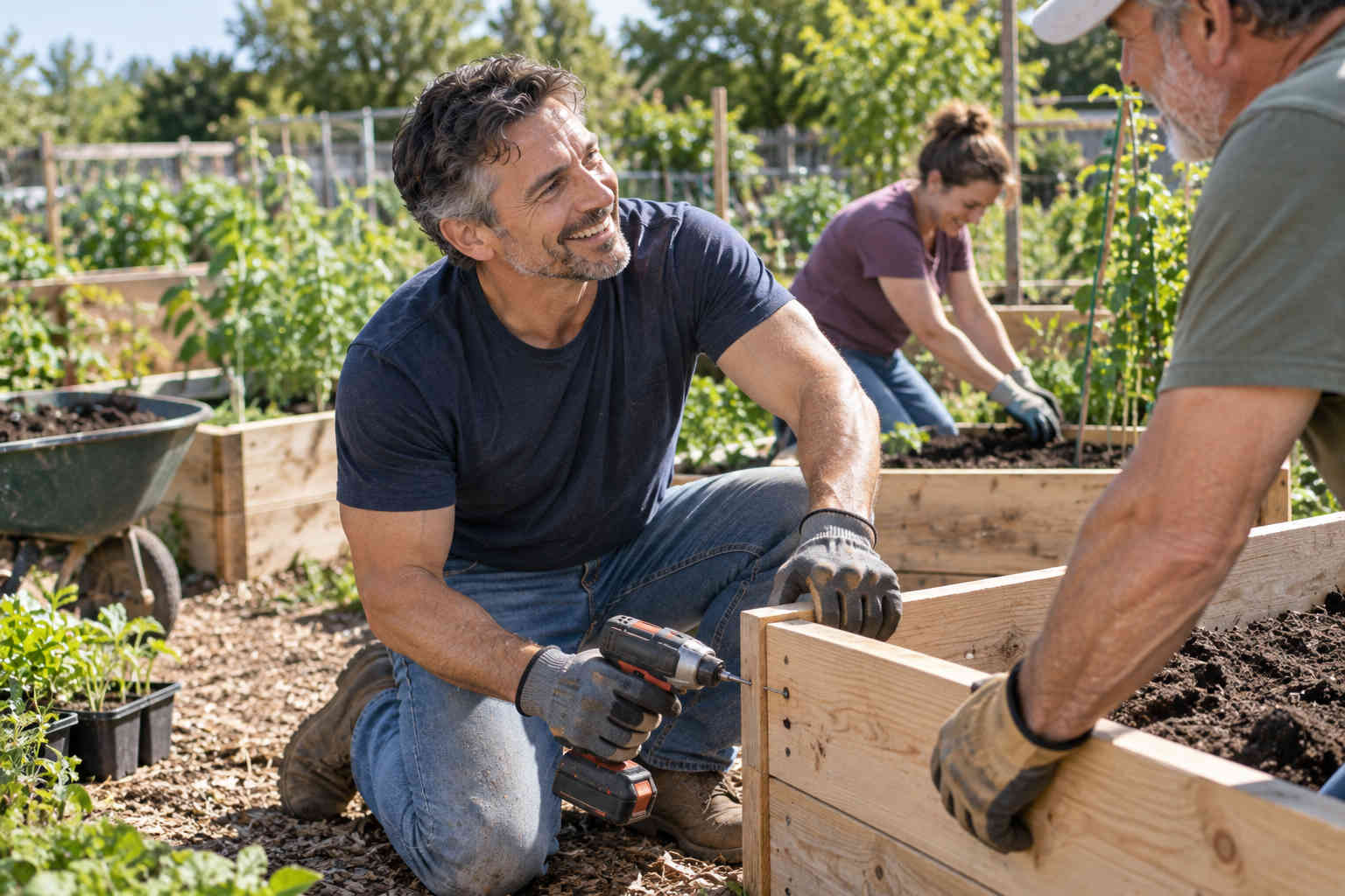 Man volunteering with others while building a raised garden bed