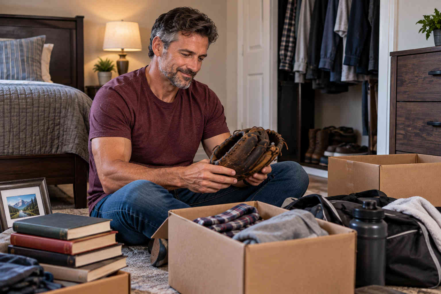 Man sorting through belongings while deciding what belongs in the next chapter of his life