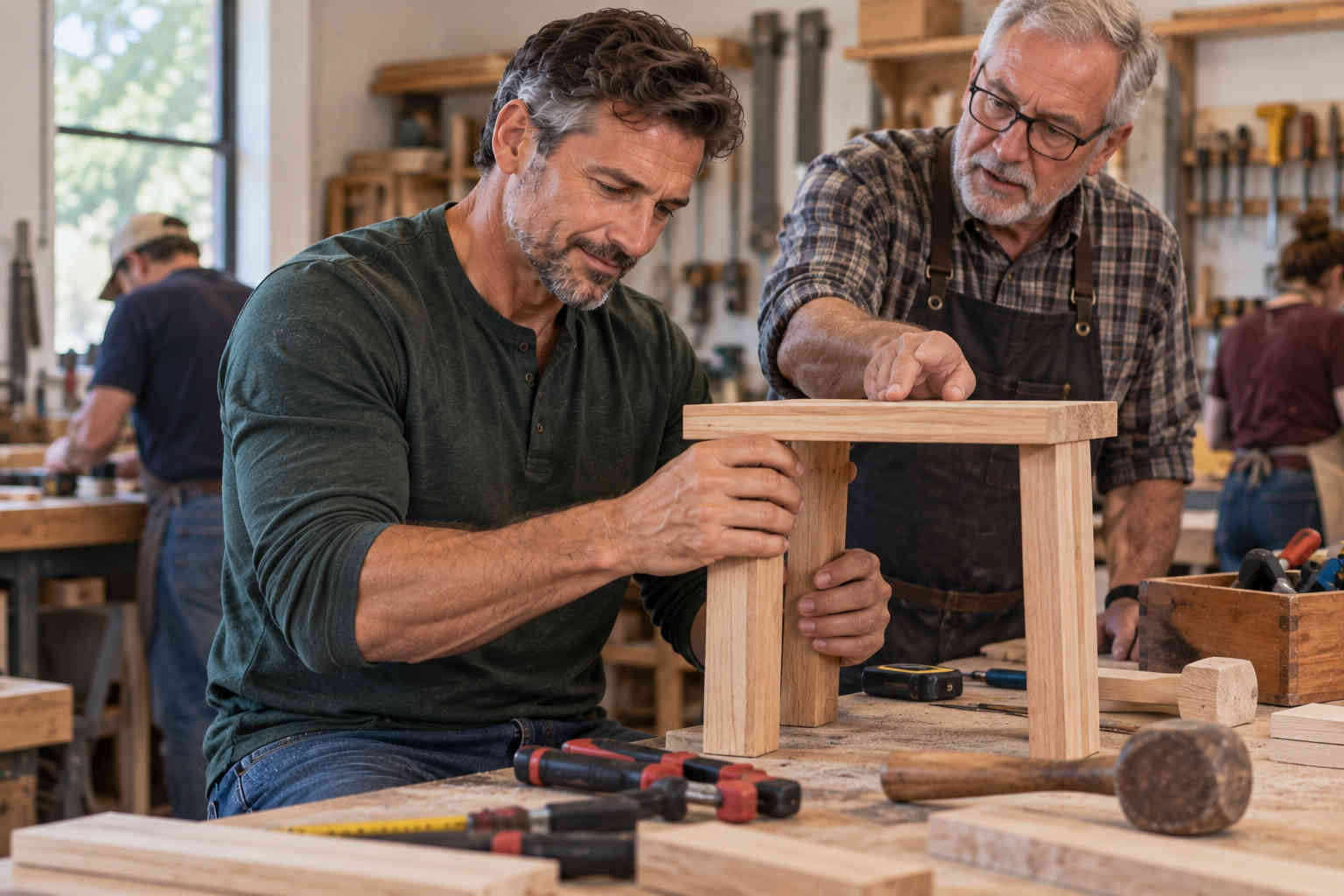 Man learning woodworking from an experienced instructor in a workshop