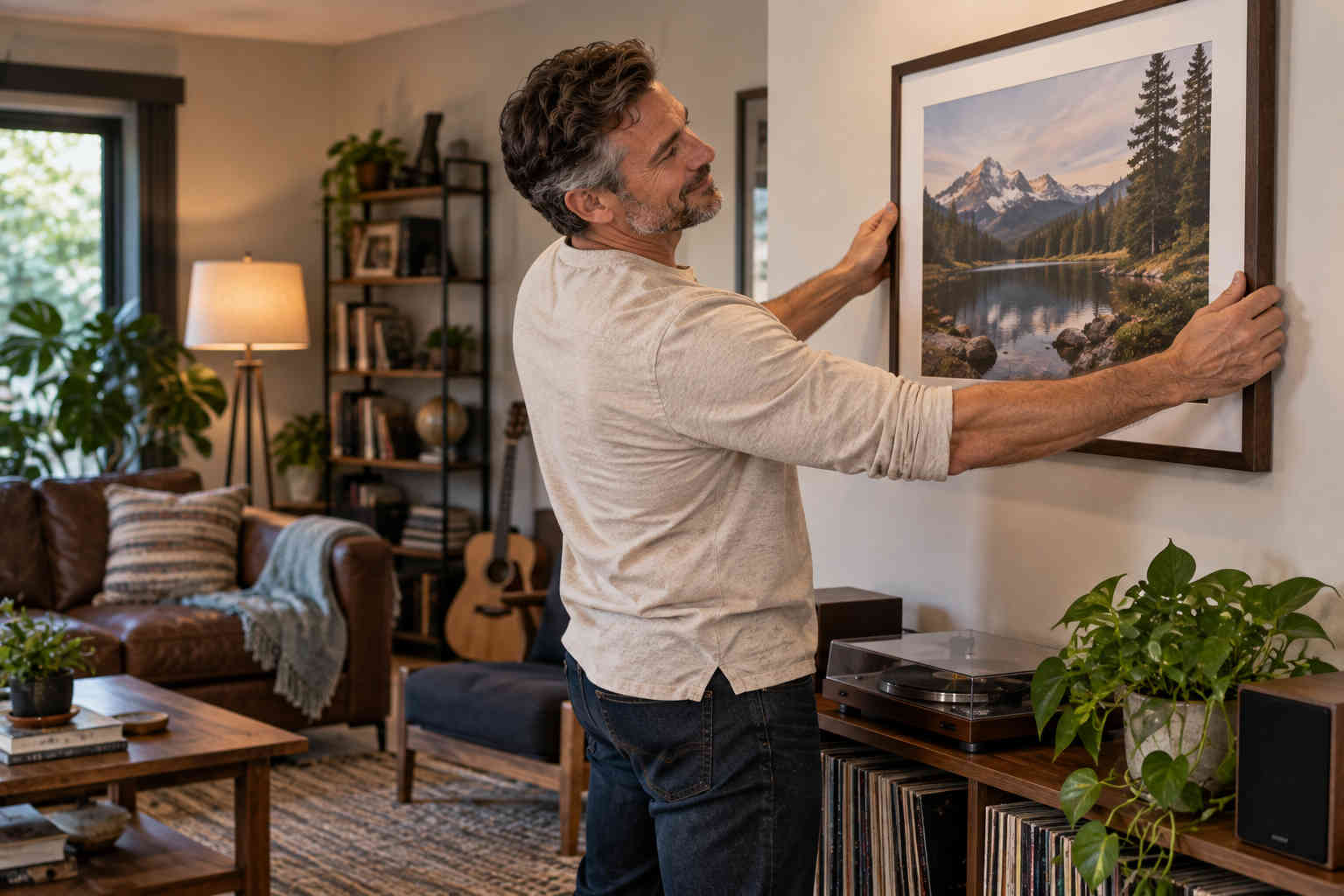 Man hanging a landscape photograph in a comfortable home he has made his own