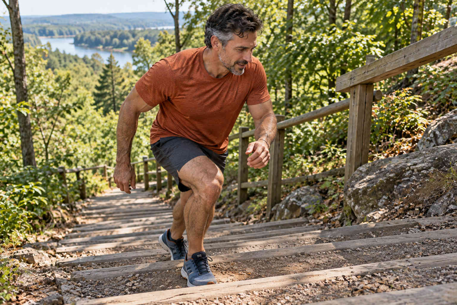 Man climbing a long outdoor staircase on a wooded hillside