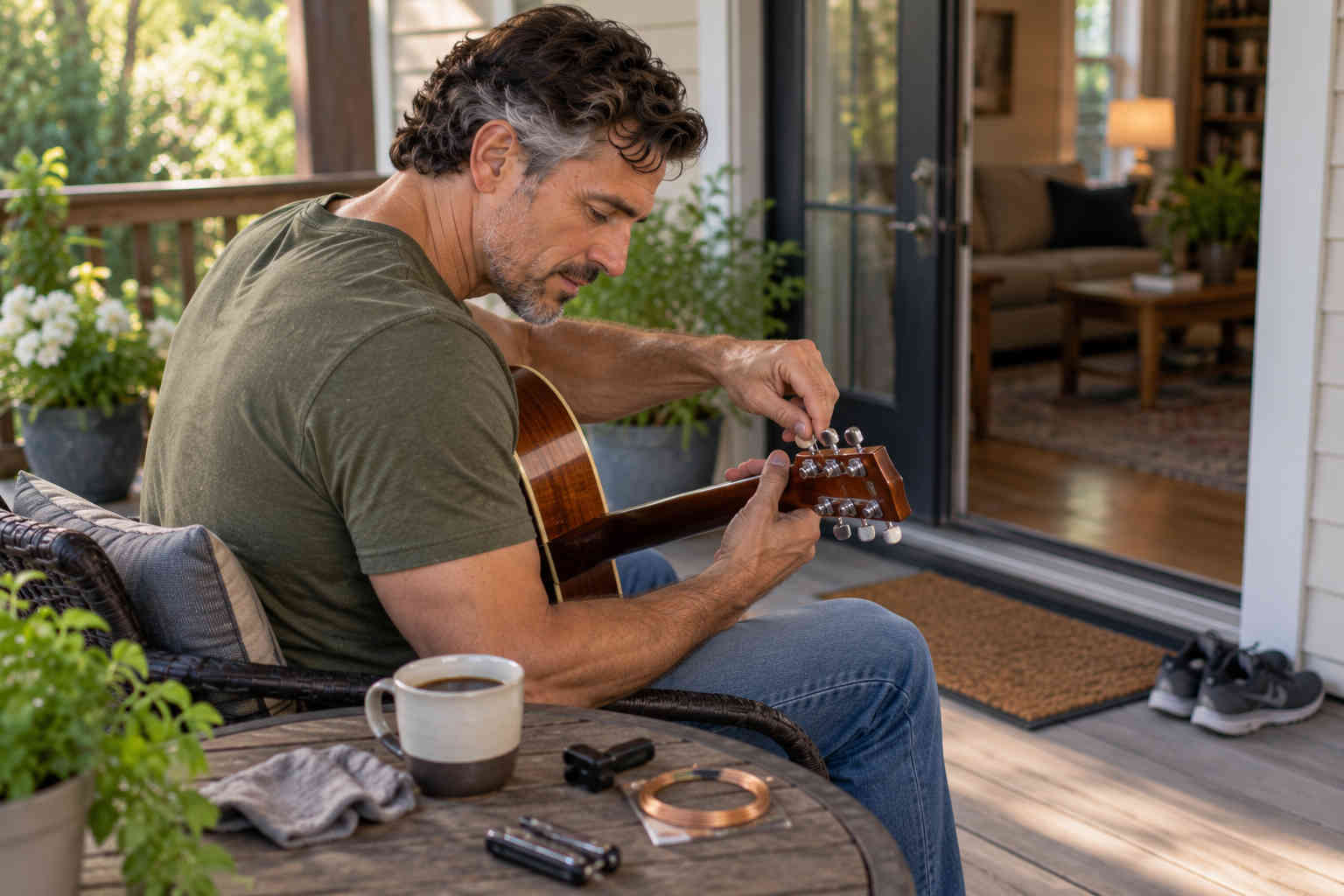 Man quietly tuning his guitar on his porch on a relaxed morning