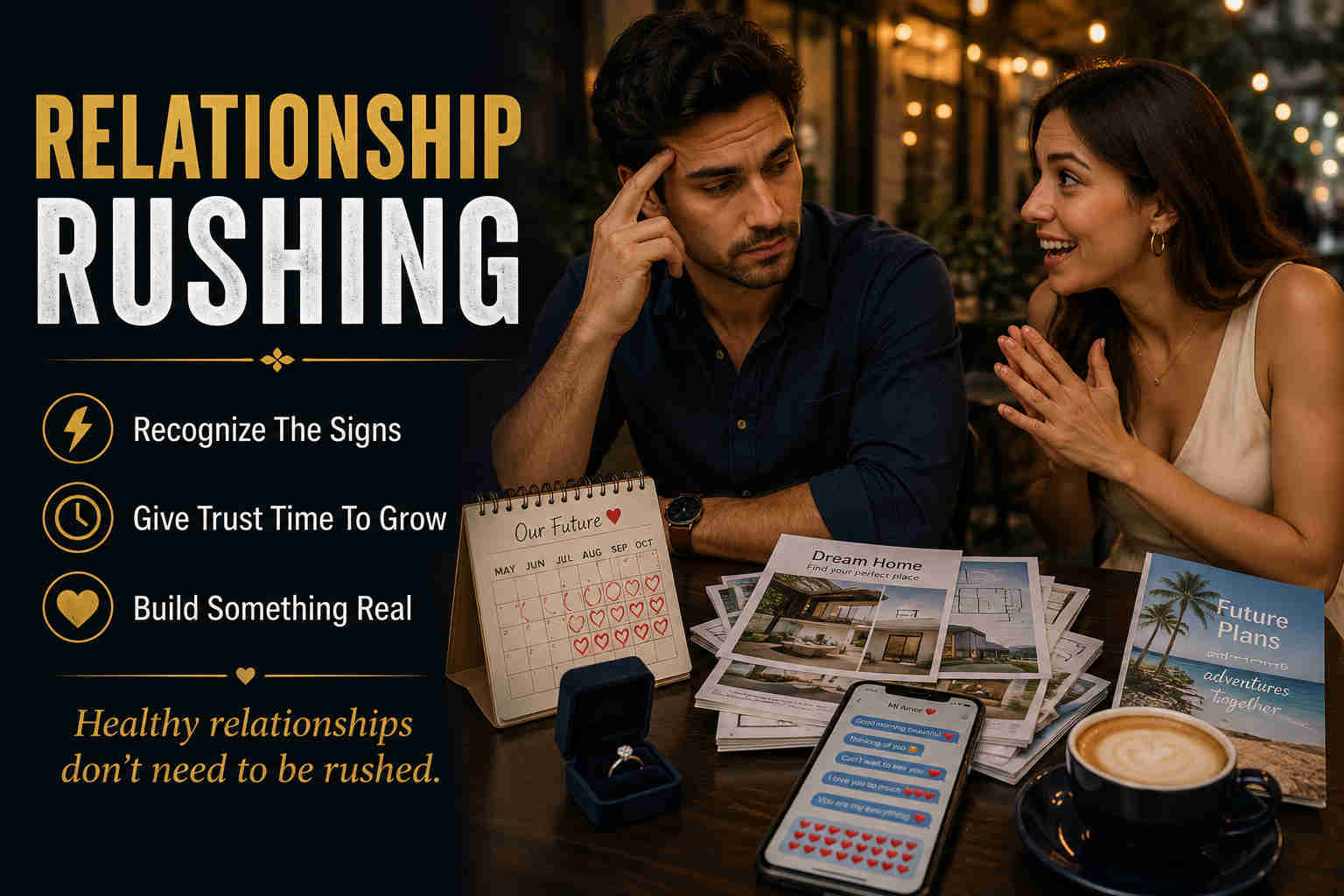 Relationship rushing hero image showing an overwhelmed man on a date while future plans and commitment symbols appear too soon