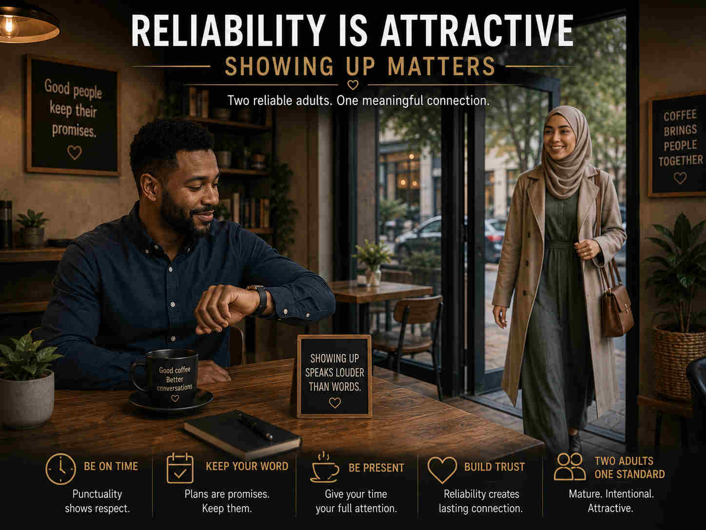 Man arriving early at a coffee shop while a conservatively dressed Muslim woman arrives for their meeting
