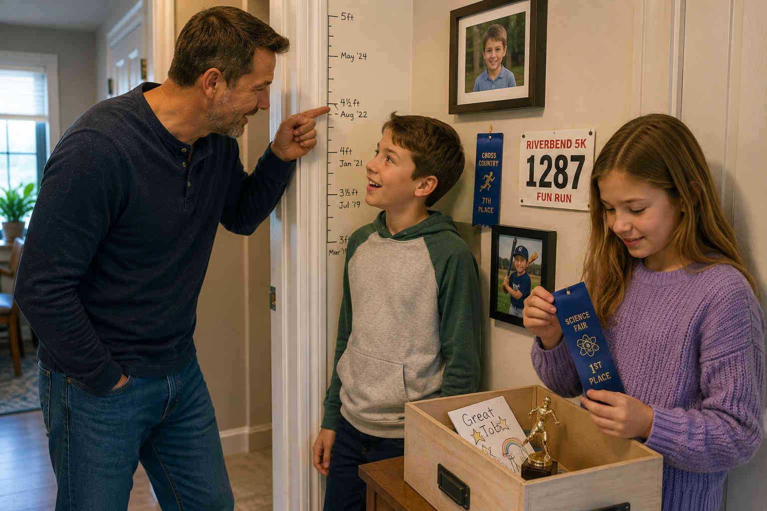 Father and children looking at old growth marks, awards, and keepsakes that show how far they have come