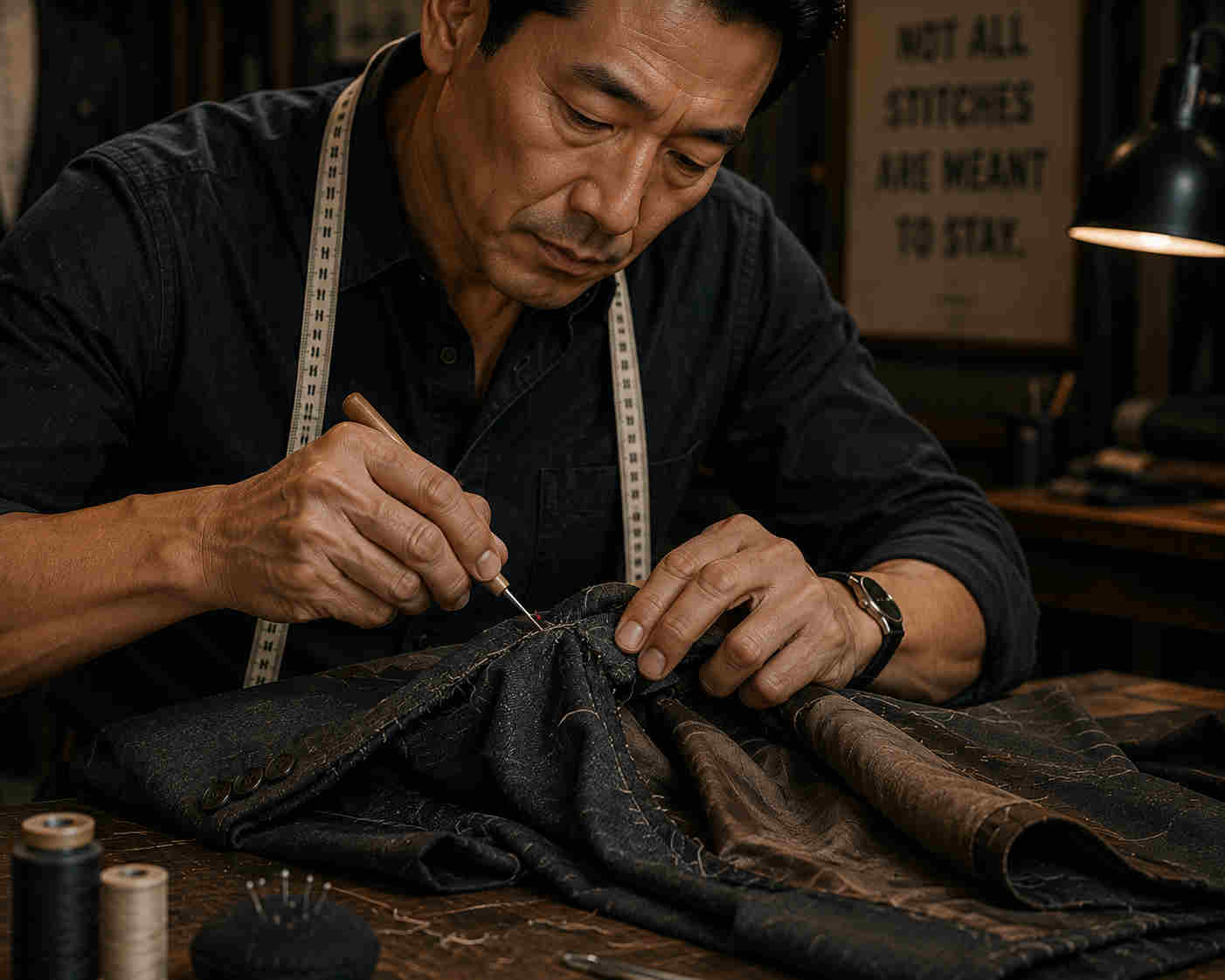 Tailor carefully removing old stitches from a worn jacket with a seam ripper
