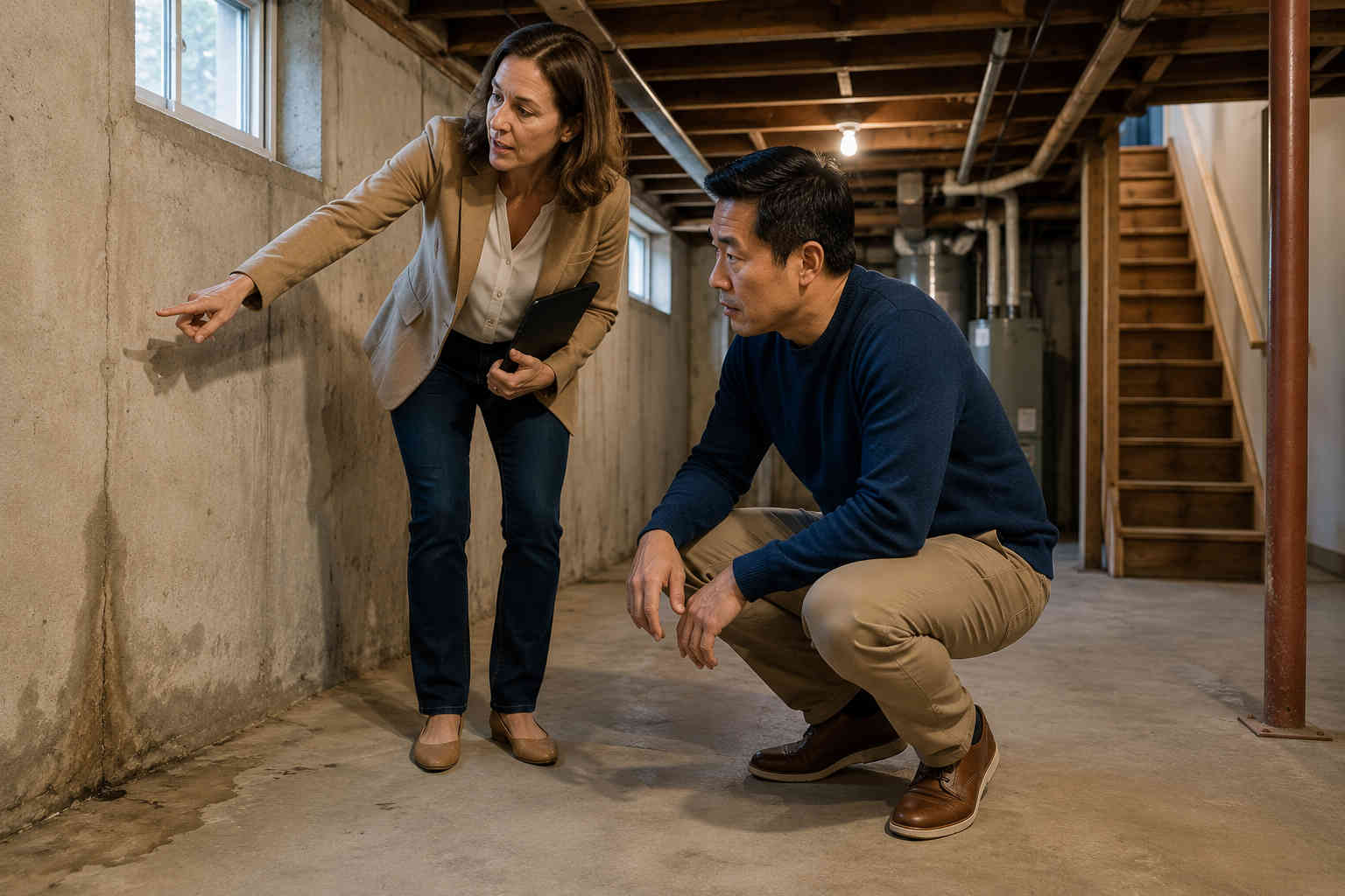 Divorced man and real estate agent examining a foundation problem while touring a house in an unfamiliar city